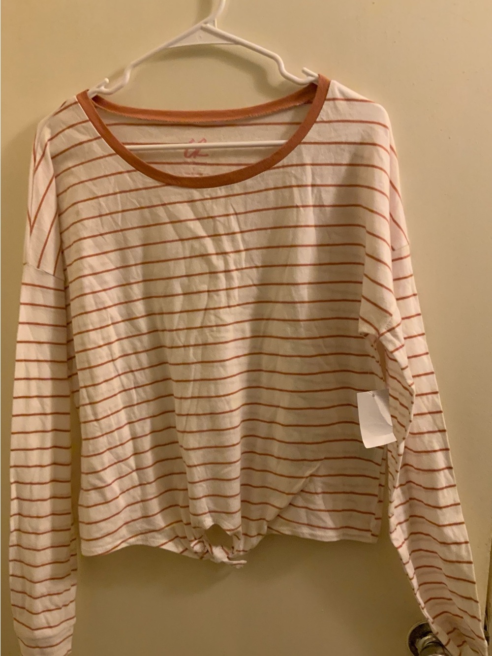 Charlotte Russe White Long Sleeve Stripe Top with Rust Trim